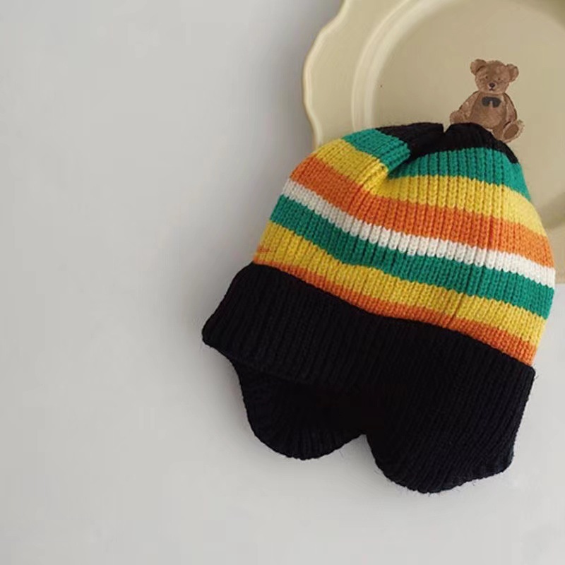 Warm Children Cap Winter Hooded Rainbow Colors Knitted Beanies With Ears Protection Cute Baby Skull Caps