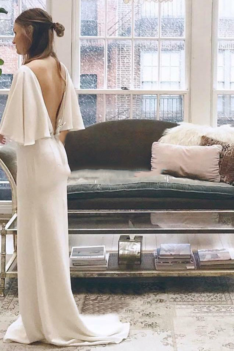 Simple Flutter Sleeves Mermaid Wedding Dresses Sexy V Neck Floor Length Formal Satin Bridal Gown Custom Made