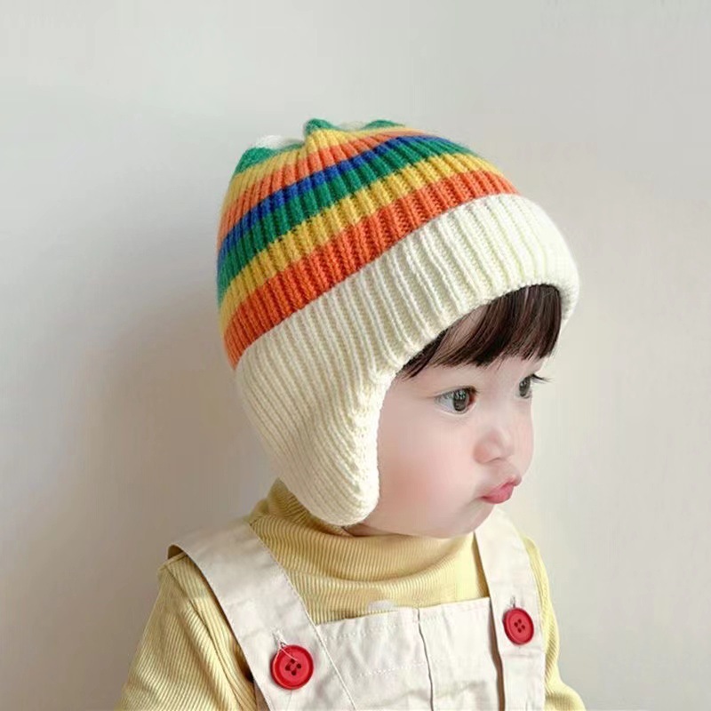 Warm Children Cap Winter Hooded Rainbow Colors Knitted Beanies With Ears Protection Cute Baby Skull Caps