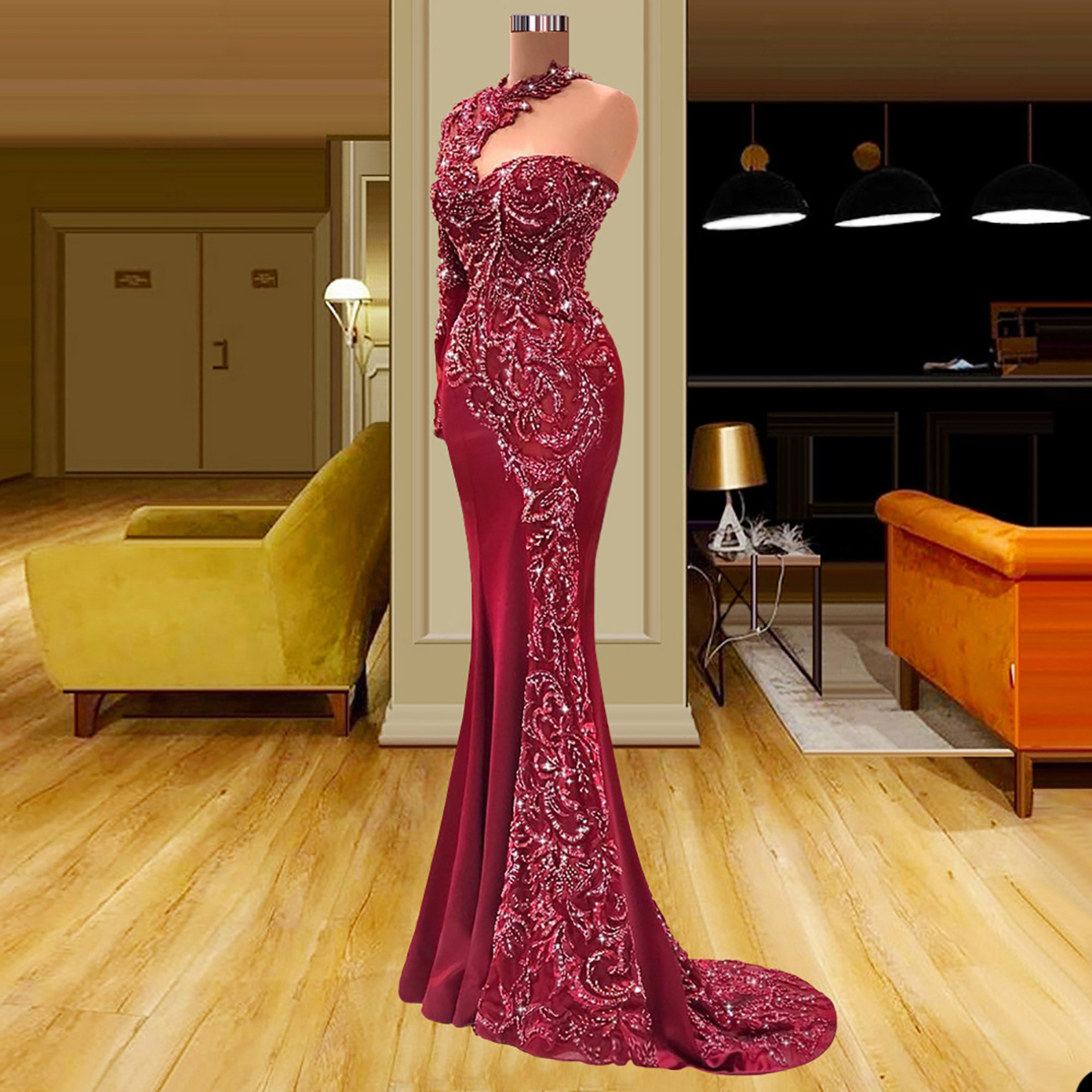 Dark Red Prom One Long Sleeve Halter Appliques Sequins Beaded Lace Floor Length Evening Dresses Gowns Plus Size Custom Made 0431