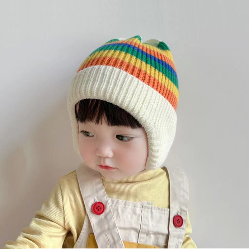 Warm Children Cap Winter Hooded Rainbow Colors Knitted Beanies With Ears Protection Cute Baby Skull Caps