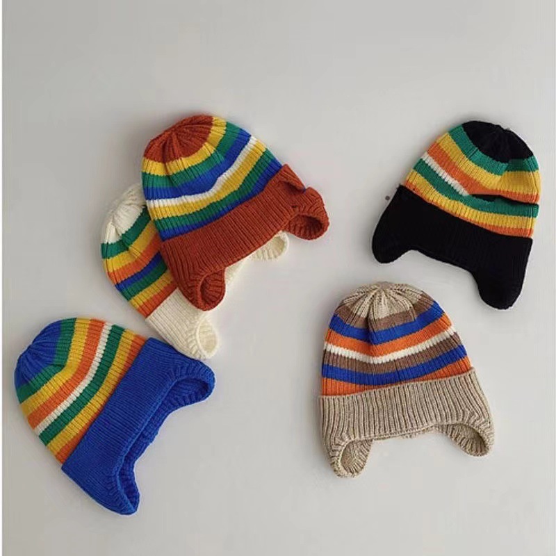 Warm Children Cap Winter Hooded Rainbow Colors Knitted Beanies With Ears Protection Cute Baby Skull Caps