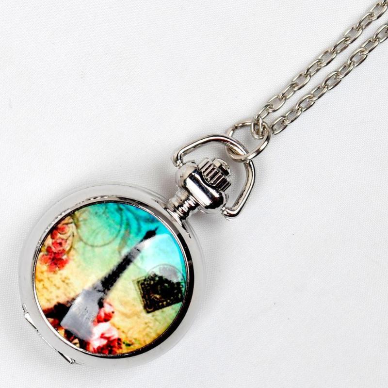 Pocket Watches Small French Eiffel Tower Watch With Necklace European Style Retro Fashion, Silver