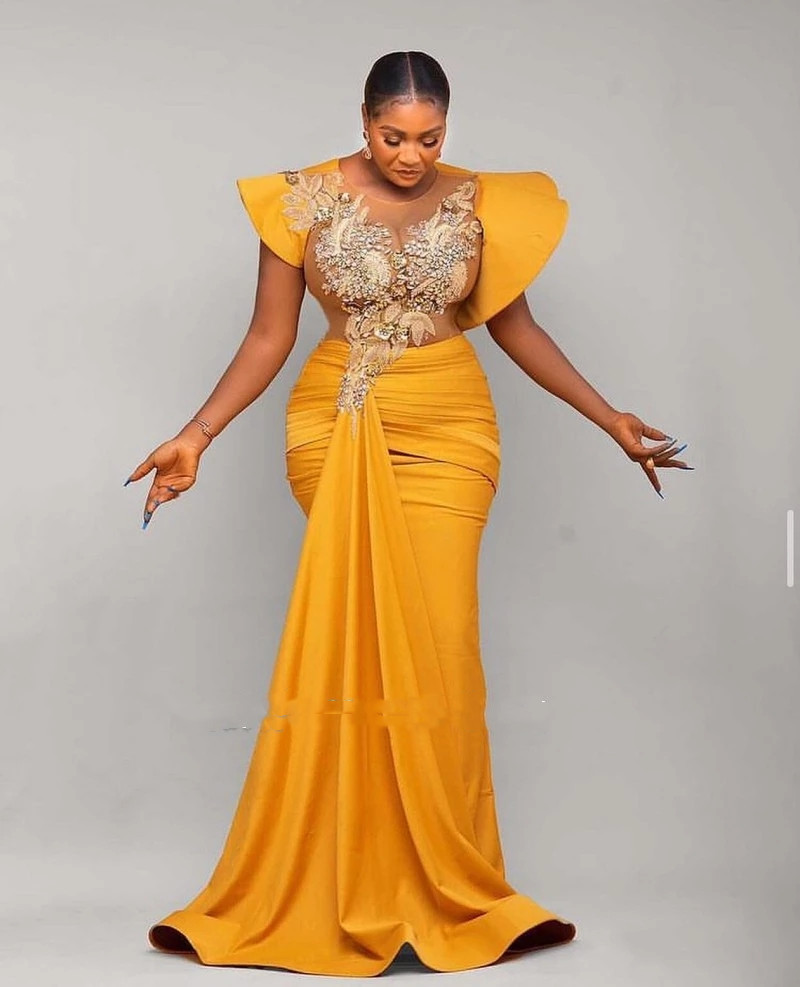 Arabic Style Mermaid Prom Party Dresses Gold Satin Sheer Neck Lace Appliques Plus Size Formal Ocn Gowns Robe De Soiree B0313