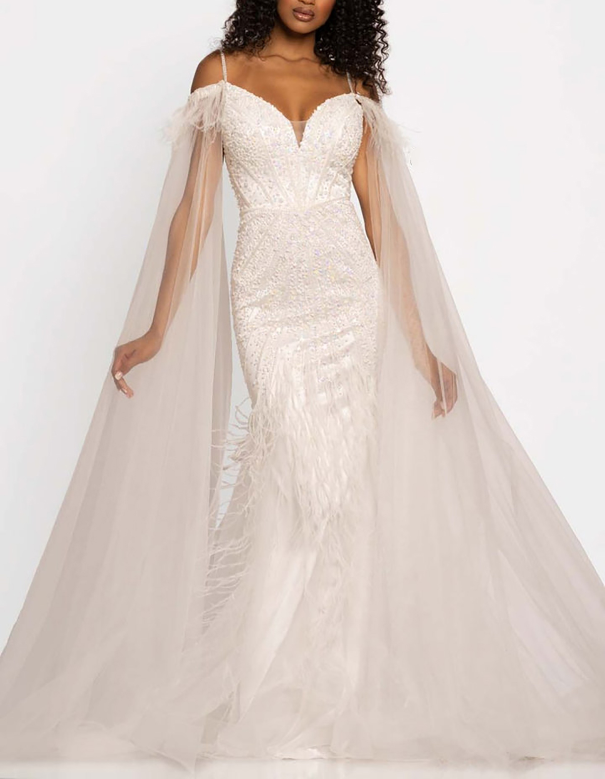 Elegant Prom Dress Mermaid V-Neck Sleeveless with Net Cover the Shoulder Backless Stain Beaded and Feather Court Custom Made Evening Dress Plus Size R