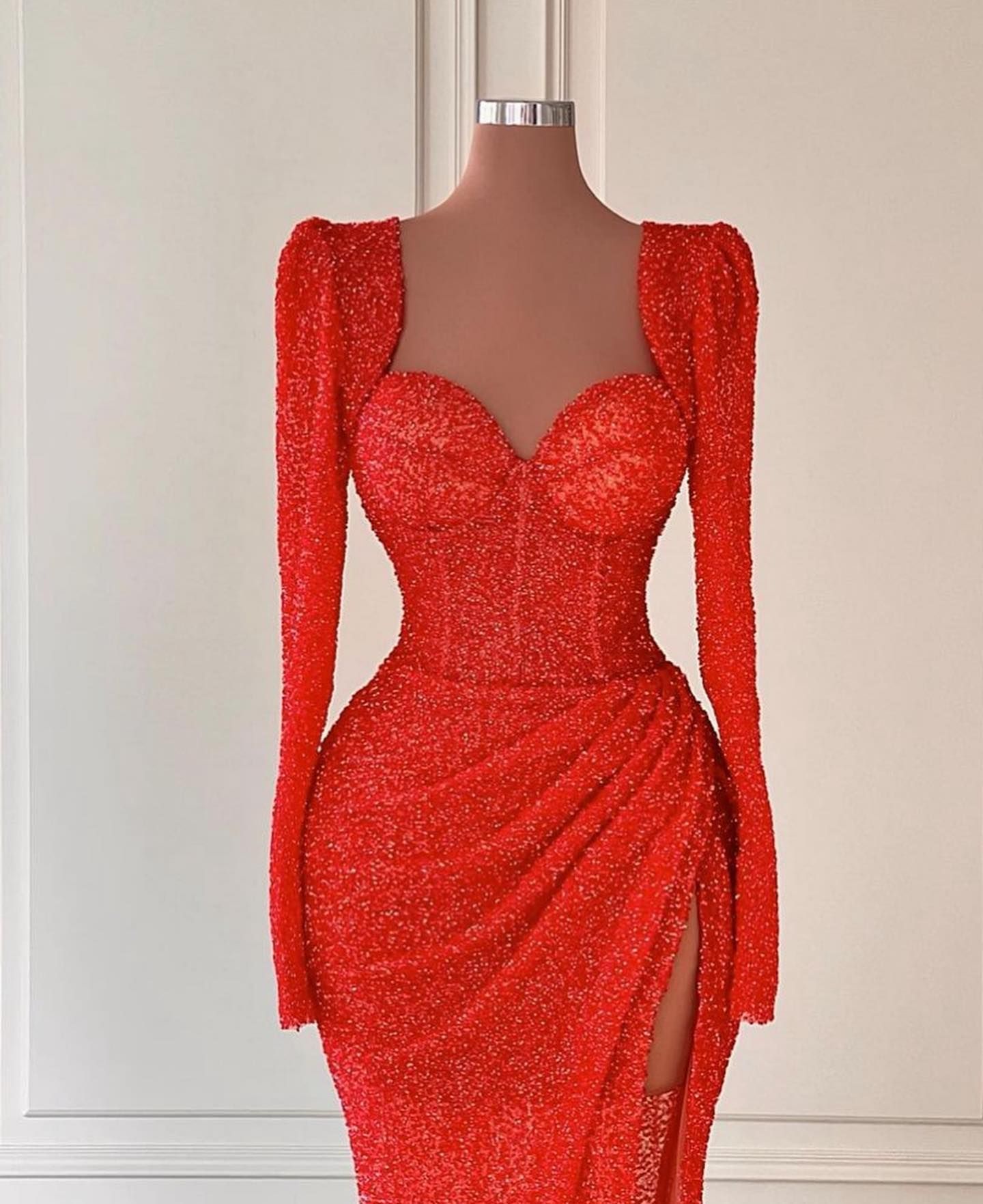 Arabic Sparkly Mermaid Prom Dresses Red Sequins Scoop Long Sleeve sexy slit Evening Formal Party vestidos de fiesta