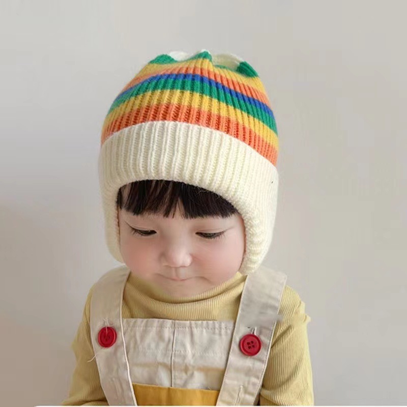 Warm Children Cap Winter Hooded Rainbow Colors Knitted Beanies With Ears Protection Cute Baby Skull Caps