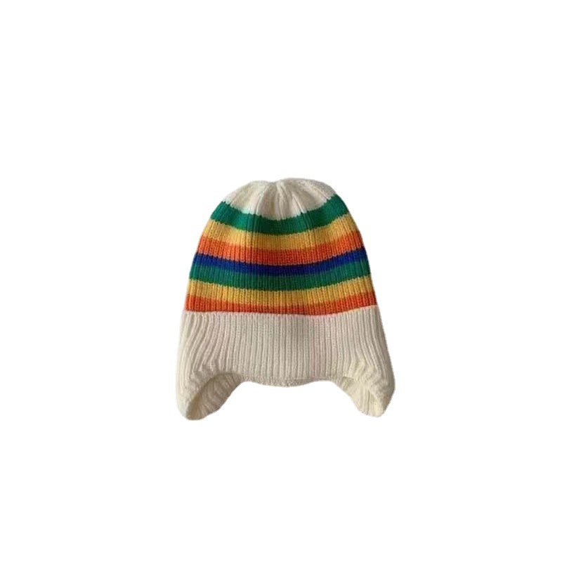 Warm Children Cap Winter Hooded Rainbow Colors Knitted Beanies With Ears Protection Cute Baby Skull Caps