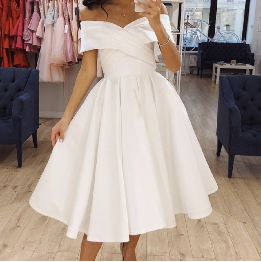 Short Wedding Dress Satin Knee Length Pleat Simple Off Shoulder Bridal Gown For Women Brides Elegant Robe De Mariee Formal Dresses