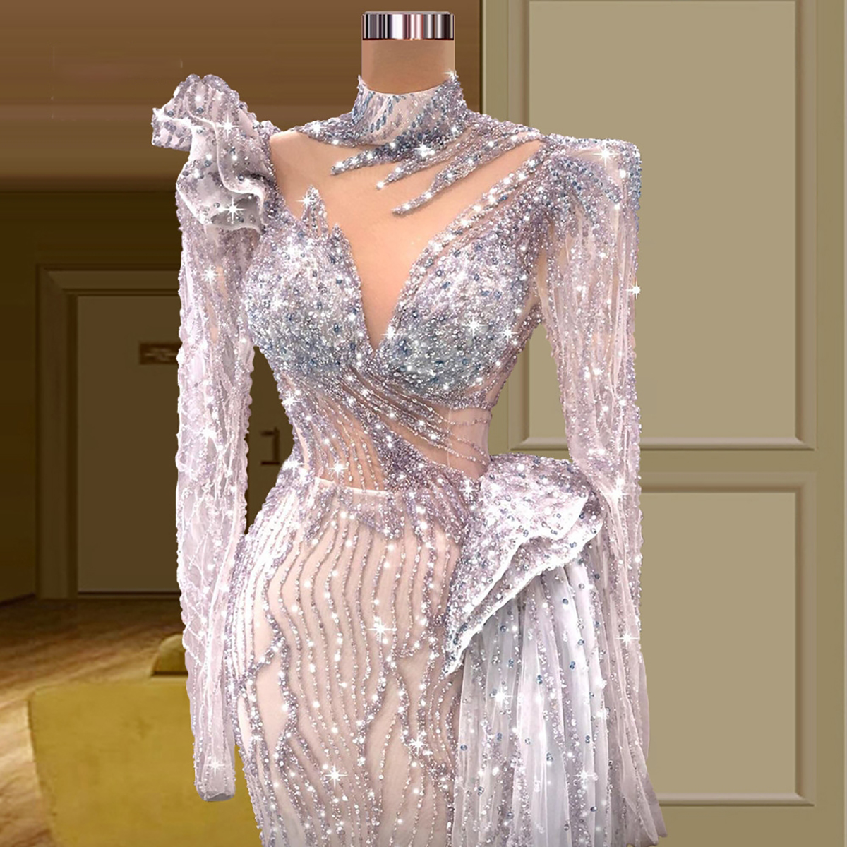 Sparkling Prom Dresses Long Sleeves Halter V Neck Appliques Sequins Beaded Evening Dresses Lace Floor Length Celebrity Evening Dress Gowns Plus Size C