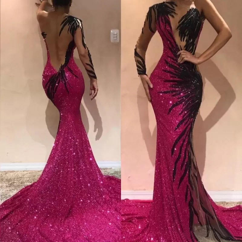 Sequins One Shoulder Mermaid Celebrity Reflective Prom Dresses Tulle Long Sleeve Lace Applique Party Evening Gowns