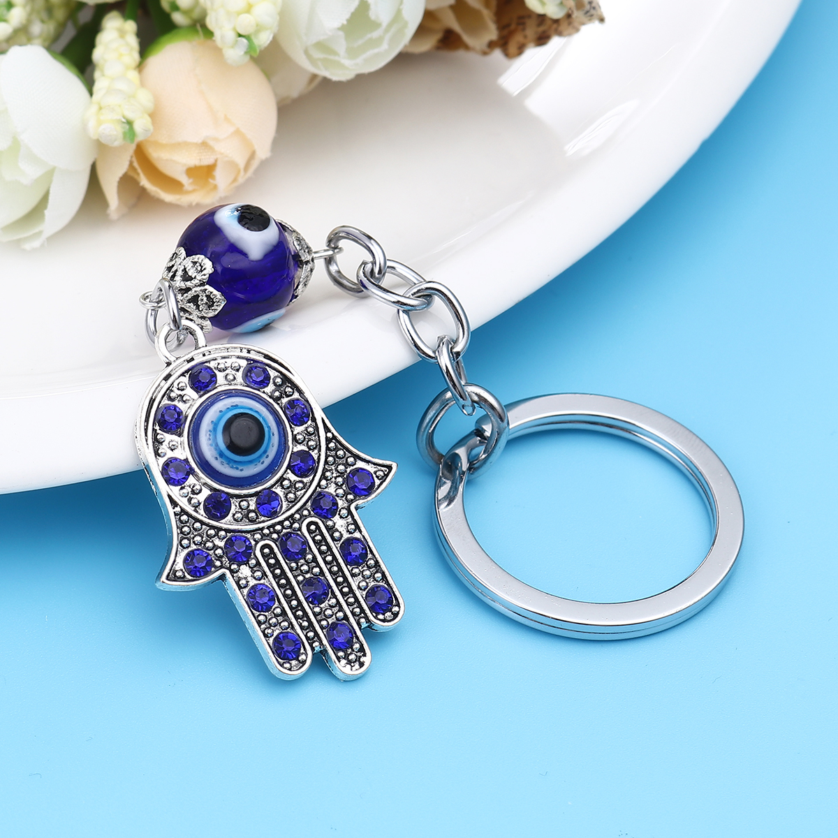 Hamsa Fatima Hand Key Rings Keychains Holder Greek Blue Evil Eye Pendants Key Chains Keyrings Turkish Lucky Jewelry