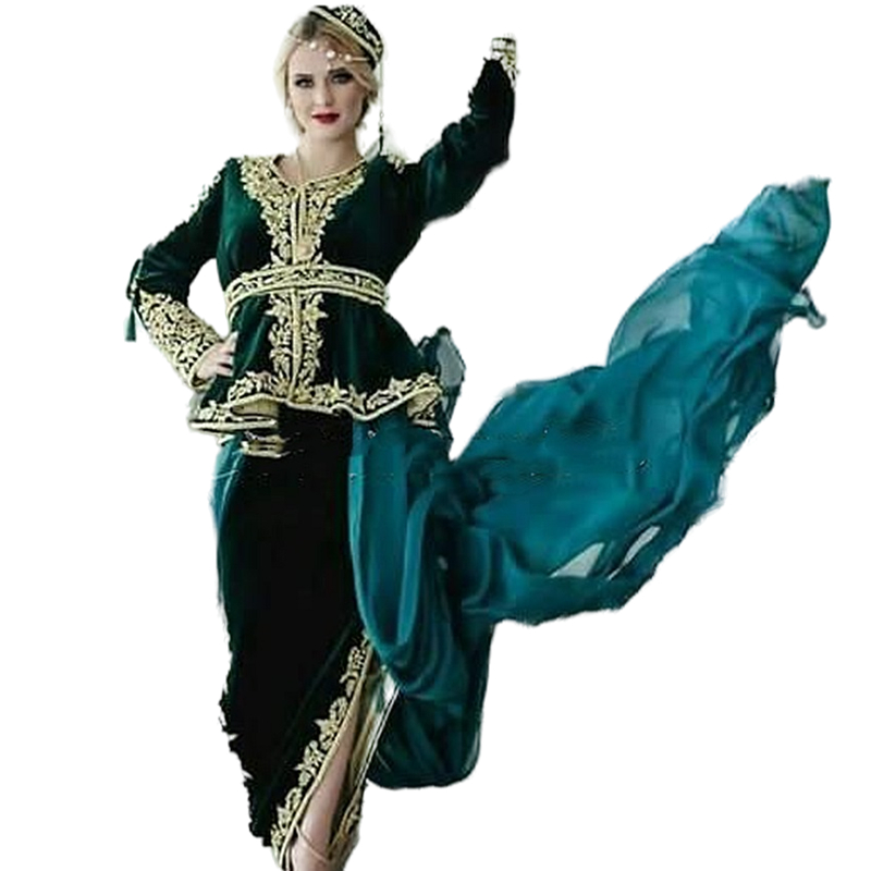 Karakou Green Velvet Caftan Evening Dresses Long Sleeves Golden Lace Appliques Sheath Formal Party Gowns Algerian Kaftan Arabic Dubai Prom Dress 2023