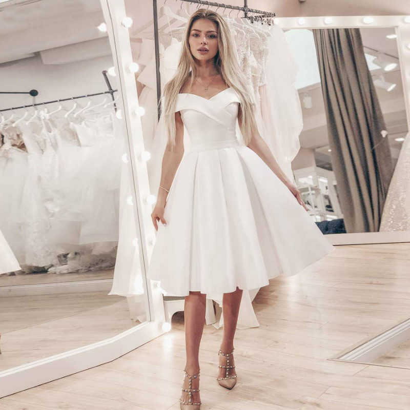 Spring pleat Short Satin Wedding Dresses A-line Off the Shoulder Bodice Vintage Formal Gown Vestido De Festa Brides Dress