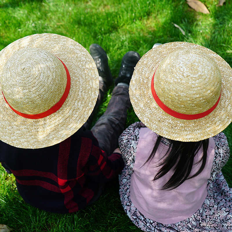 One Piece Cap Straw Hat Neck String Luffy Flat Hats Cosplay Japanese Cartoon Props Hat Kid Red Stripe Beach Hat Q0805