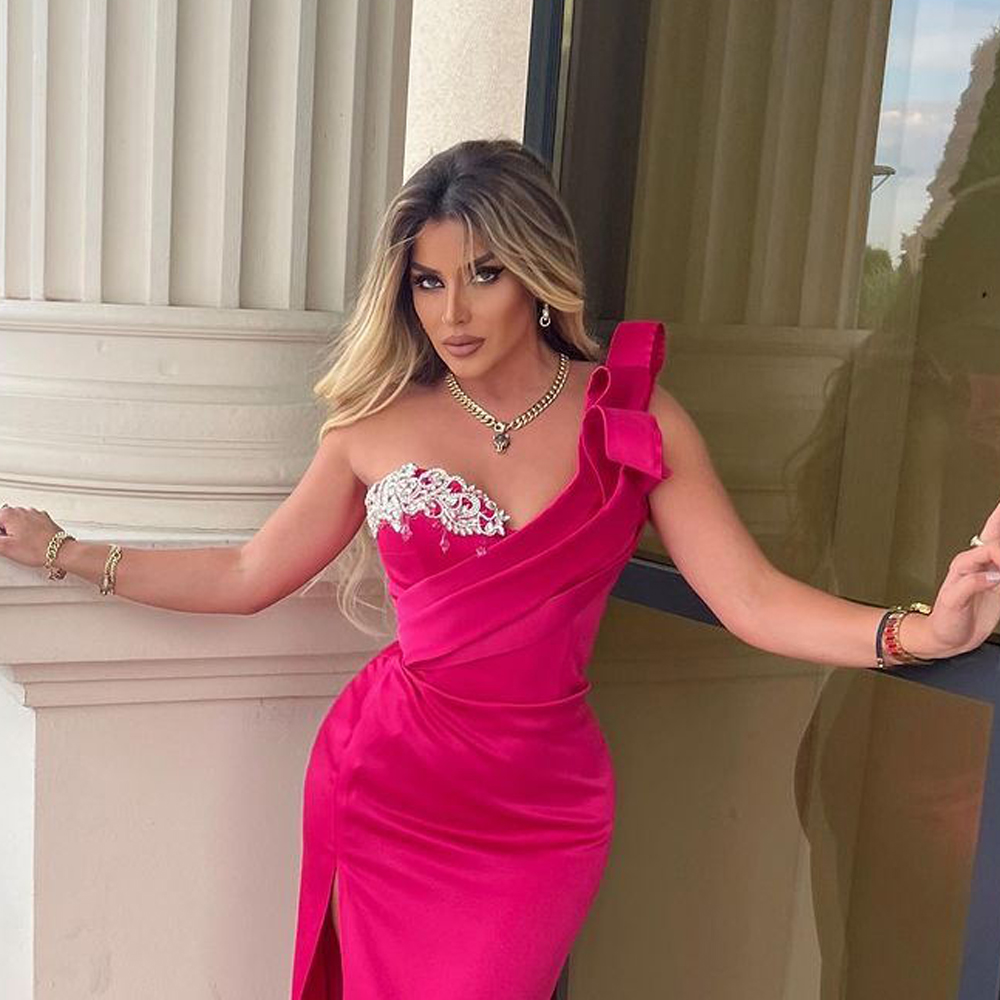 Fuchsia Long Bridesmaid Dresses One Shoulder Sheath Prom Gown Side Split Ruched Wedding Guest Dress 2023 0516