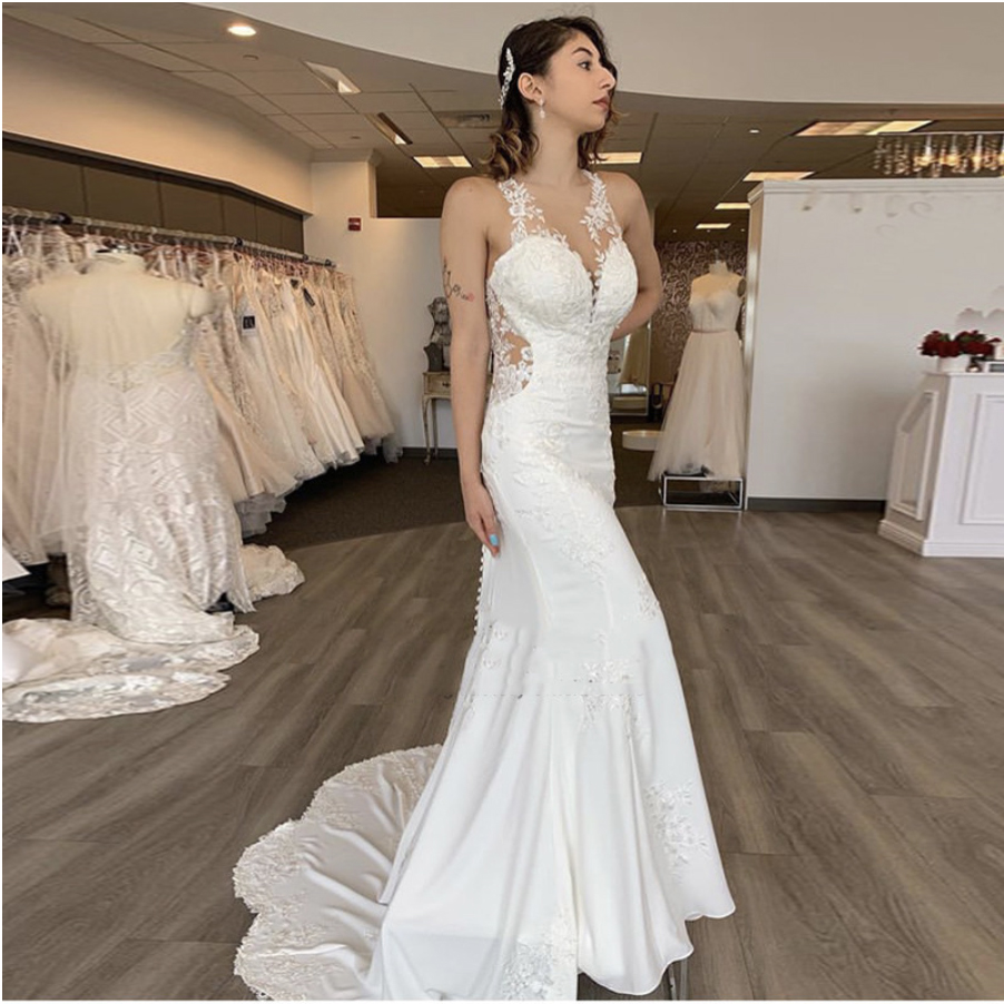 Gorgeous Mermaid Wedding Dress Halter Appliques Bridal Dresses Covered Button Backless Sweep Train Lace Wedding Gowns, Green
Gorgeous Mermaid Wedding Dress Halter Appliques Bridal Dresses Covered Button Backless Sweep Train Lace Wedding Gowns, Green