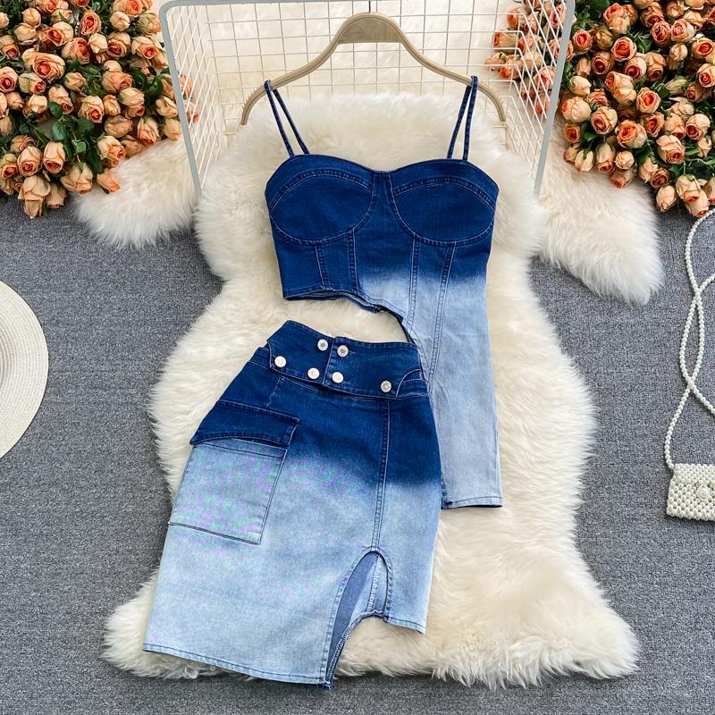 Work Dresses Gradient Asymmetrical Denim 2 Pieces Women Skirts Sets Summer 2022 Slim Camisoles And Slin Knee-Length Female Clothing Suits, Blue
Work Dresses Gradient Asymmetrical Denim 2 Pieces Women Skirts Sets Summer 2022 Slim Camisoles And Slin Knee-Length Female Clothing Suits, Blue