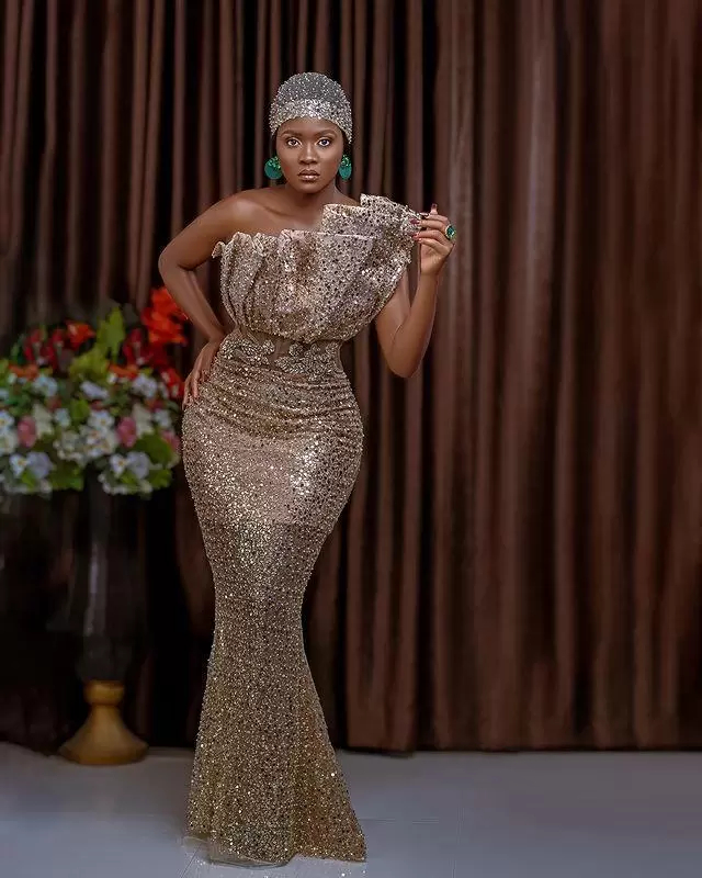 Aso Ebi Glitter Sequin Mermaid Prom Dresses Rose Gold Ruched One Shoulder Nigerian Formal Evening Gowns African Women Long Special Occasion Wear Sleev