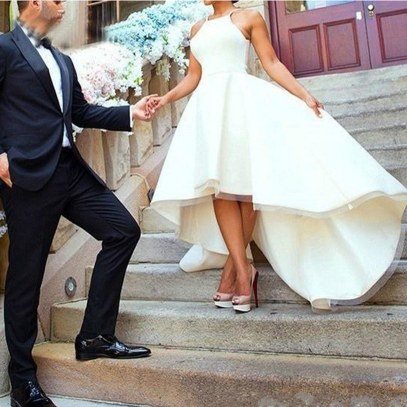 Simple High Low Dresses Spaghetti Straps White Ivory Beach Wedding Gowns Short Front Long Back Vestidos De Novia Formal Dress