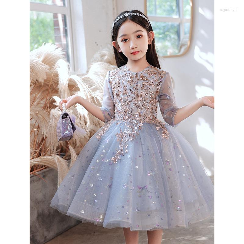 

Girl Dresses Blue Flower Girl's Birthday Princess Dress Puffy Gauze Host Piano Performance, Purple 3