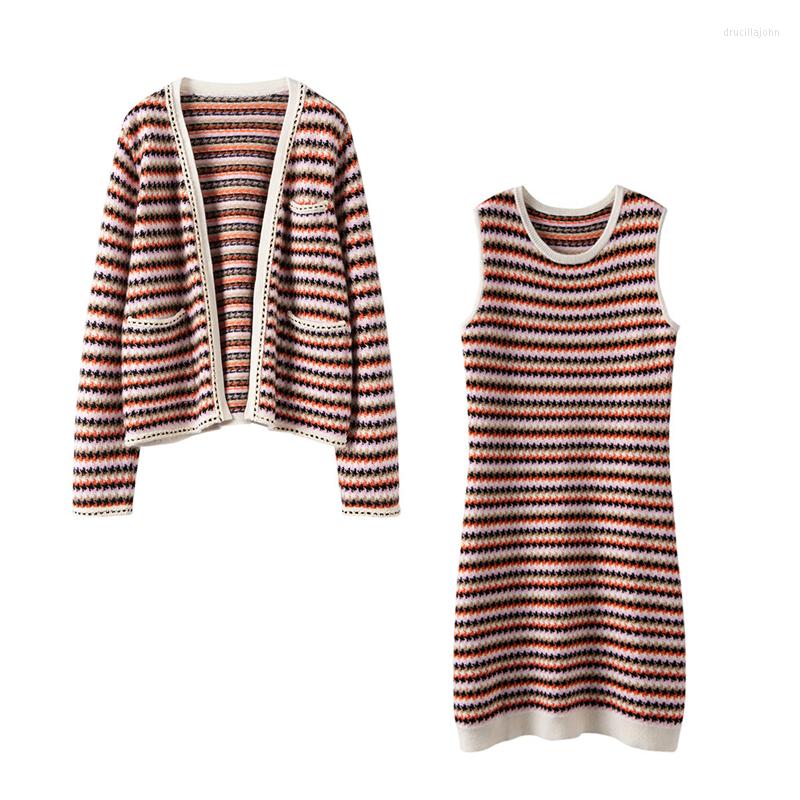 Work Dresses Suits Women Two-piece Set 560g Cashmere Knitted Striped High Quality Cardigan Sleeveless Dress 2 Colors Fashion, Picture shown
Work Dresses Suits Women Two-piece Set 560g Cashmere Knitted Striped High Quality Cardigan Sleeveless Dress 2 Colors Fashion, Picture shown