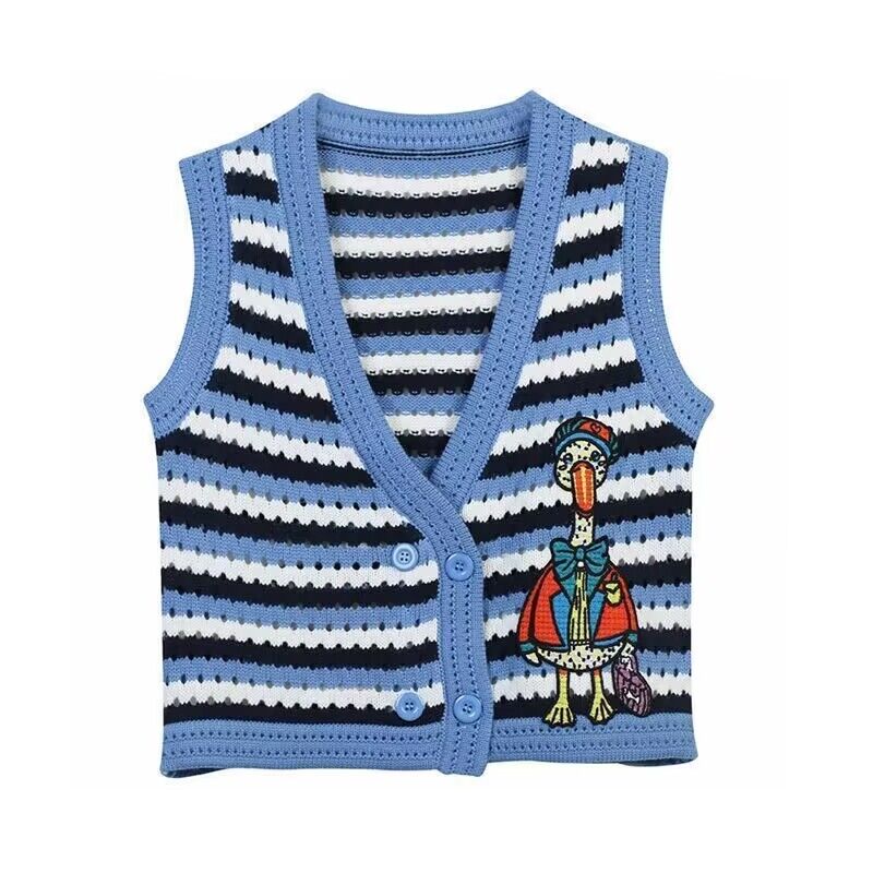 2022 Embroidered Cartoon Duck Sleeveless Vest Sweater Autumn New Women Hollow Collision Colour Striped College Style V-neck Waistcoat, Green
2022 Embroidered Cartoon Duck Sleeveless Vest Sweater Autumn New Women Hollow Collision Colour Striped College Style V-neck Waistcoat, Green