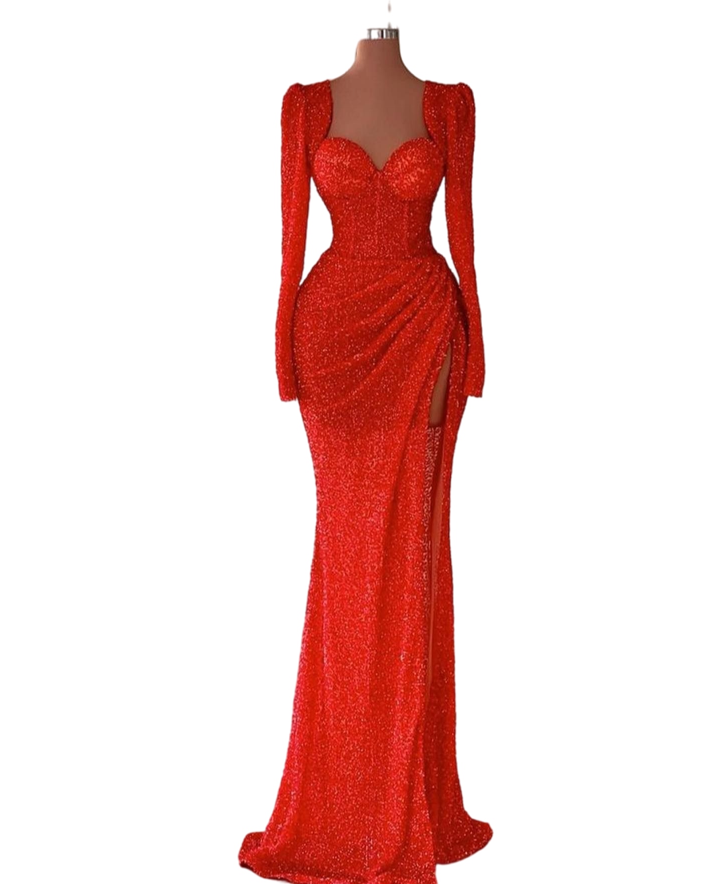 Arabic Sparkly Mermaid Prom Dresses Red Sequins Scoop Long Sleeve sexy slit Evening Formal Party vestidos de fiesta