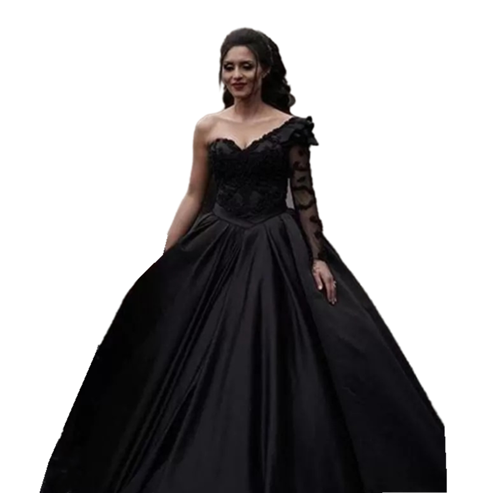 Vintage Black One Shoulder Wedding Dress Long Sleeve Gothic Bridal Ball Gowns Lace Applique Beaded Satin Country Robe De Marriage Custom Made 2023