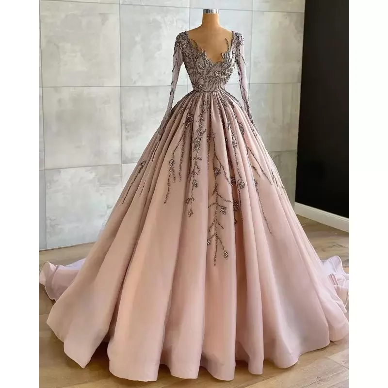 Prom Elegant Dresses Long Sleeves V Neck Appliques Pleated Ball Gown Or Length Women Evening Party Custom Made Dress