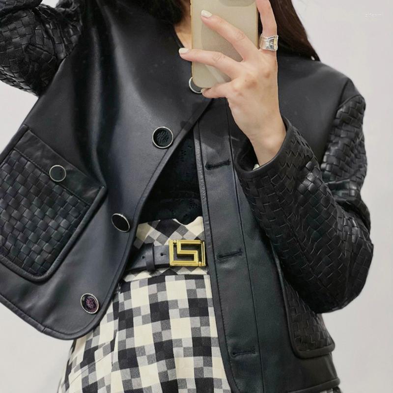 Women's Leather Lady Jackets 2022 Genuine Sheepskin Woven Sleeve Single Breasted Solid Short Coat Round Neck Streetwear AEL4937, Black
Women's Leather Lady Jackets 2022 Genuine Sheepskin Woven Sleeve Single Breasted Solid Short Coat Round Neck Streetwear AEL4937, Black