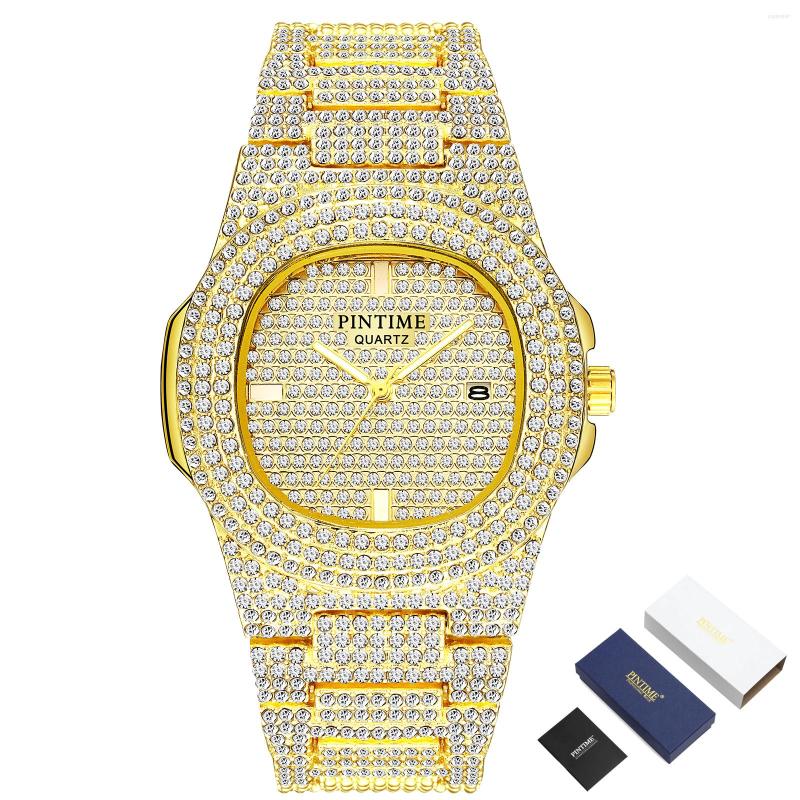 Wristwatches PINTIME Bling Diamond Watch For Men Women Hip Hop Quartz Luxury Stainless Steel Business Wristwatch Relogio Masculino, Men-gold-box
Wristwatches PINTIME Bling Diamond Watch For Men Women Hip Hop Quartz Luxury Stainless Steel Business Wristwatch Relogio Masculino, Men-gold-box