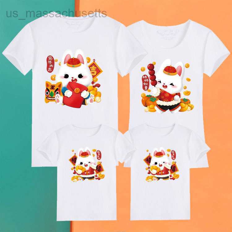 Family Matching Outfits 2023 New Year's Rabbit Year auspicious parent-child short sleeved t-shirt for a family of four red birthday mother and da