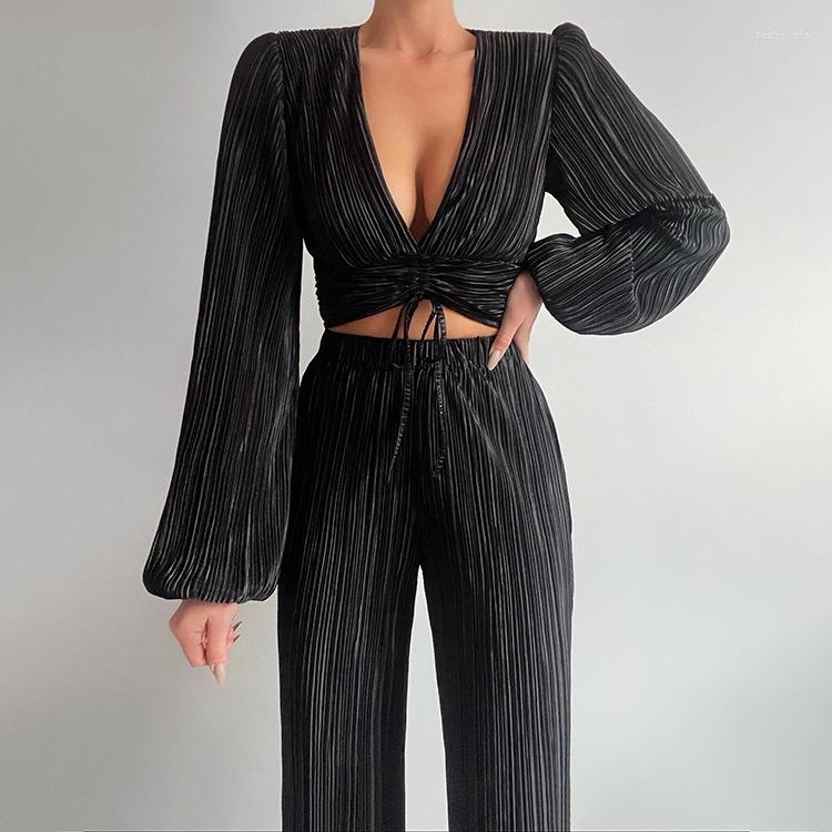 Women' Two Piece Pants 2022 Eurobeauty Style Ins Drawstring V-neck Design Top Female Pleated High Waist Trousers Sexy Fashion Suit, Black
Women' Two Piece Pants 2022 Eurobeauty Style Ins Drawstring V-neck Design Top Female Pleated High Waist Trousers Sexy Fashion Suit, Black