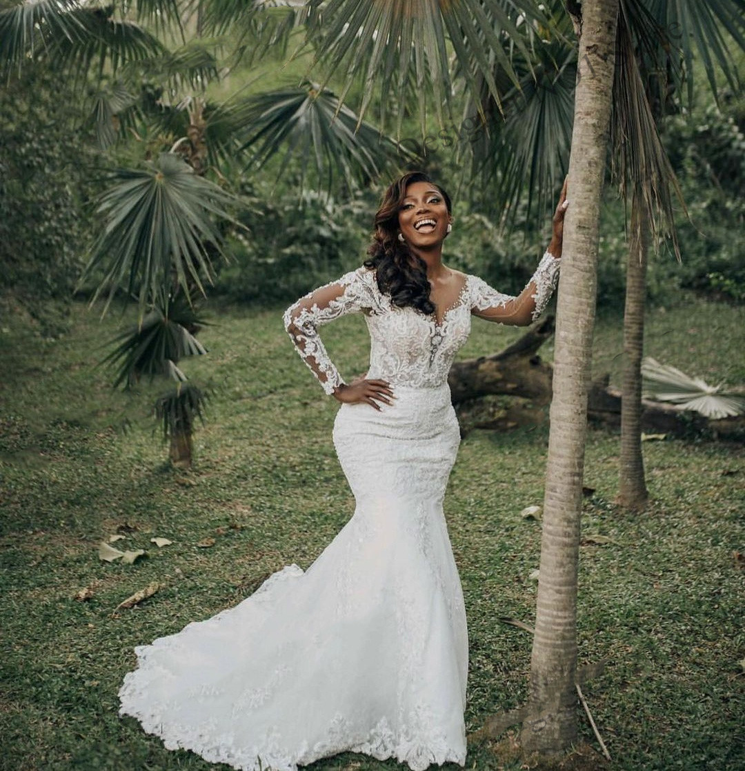 African Mermaid Wedding Dresses Long Sleeved bohe country Lace Applique Country bridal Dress Second Reception Robes