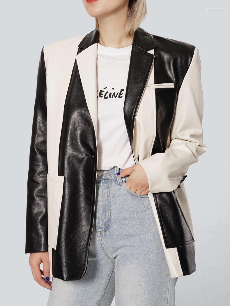 Women' Leather 2022 Patchwork Contrast Color PU Jacket Women Pockets Faux Suit Chic Fashion Lapel Outerwear Female, Black-white
Women' Leather 2022 Patchwork Contrast Color PU Jacket Women Pockets Faux Suit Chic Fashion Lapel Outerwear Female, Black-white