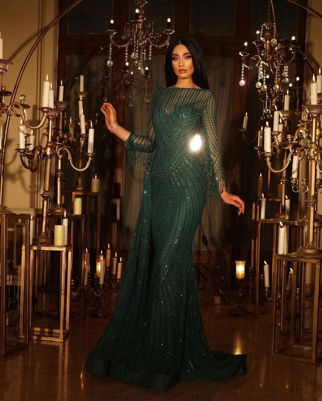 Elegant Dark Green Mermaid Prom Dresses Sequined Tassels Lace Party Dresses Backless Custom Made Evening Dress