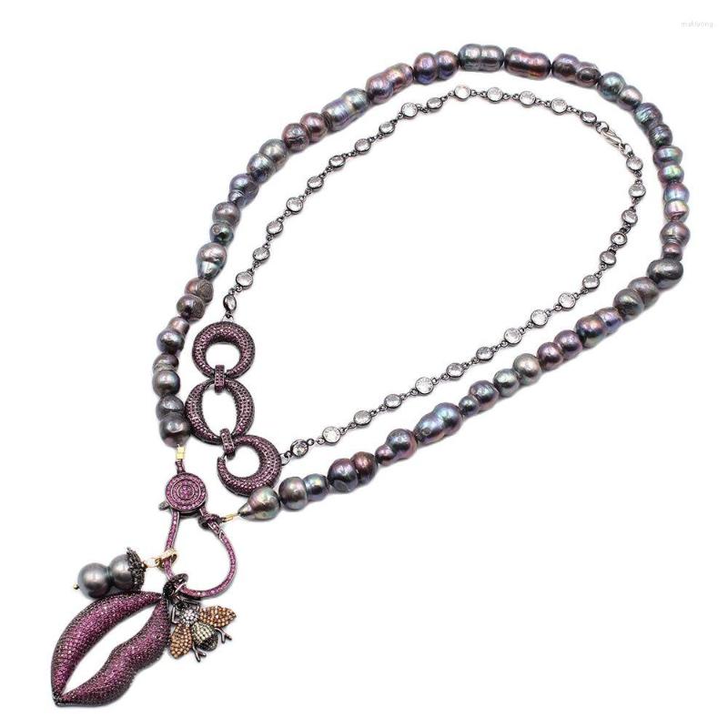 Pendant Necklaces GuaiGuai Jewelry 2 Rows Natural Black Baroque Keshi Pearl Chain Necklace Purple CZ Pave Insect Lips Handmade For Women
Pendant Necklaces GuaiGuai Jewelry 2 Rows Natural Black Baroque Keshi Pearl Chain Necklace Purple CZ Pave Insect Lips Handmade For Women