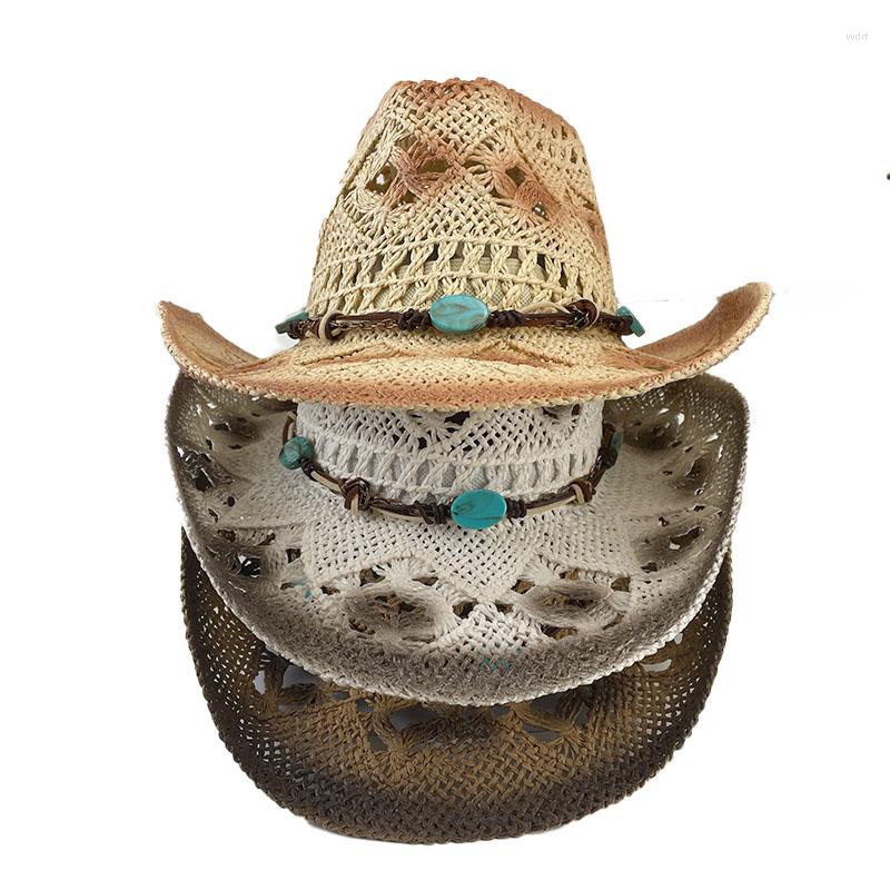 

Berets Western Cowboy Straw Hat With Turquoise Hatband Hollow Sunshade Knight Beach Travel Vacation Cowgirl Cap, White