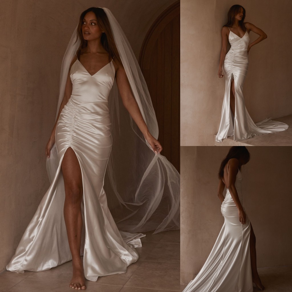 Smiple Mermaid Wedding Dresses Backless Bridal Gowns Spaghetti Straps V Neckline Sweep Train Satin Pleated Vestido De Novia, Daffodil
Smiple Mermaid Wedding Dresses Backless Bridal Gowns Spaghetti Straps V Neckline Sweep Train Satin Pleated Vestido De Novia, Daffodil