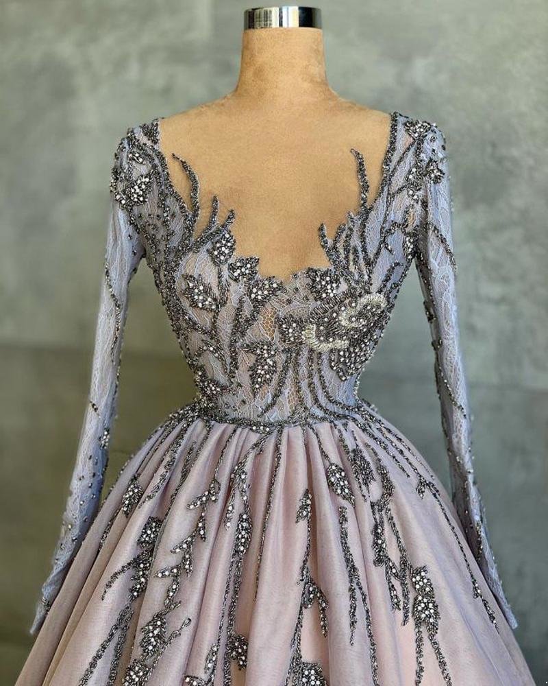Prom Elegant Dresses Long Sleeves V Neck Appliques Pleated Ball Gown Or Length Women Evening Party Custom Made Dress