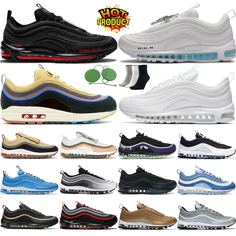 

Running Shoes 97 97s Jesus Shoes Satan Sean Wotherspoon Triple White Black Halloween Silver Bullet Blue Hero Bred Have A Day Mens Womens trainer sneaker sports, Easter