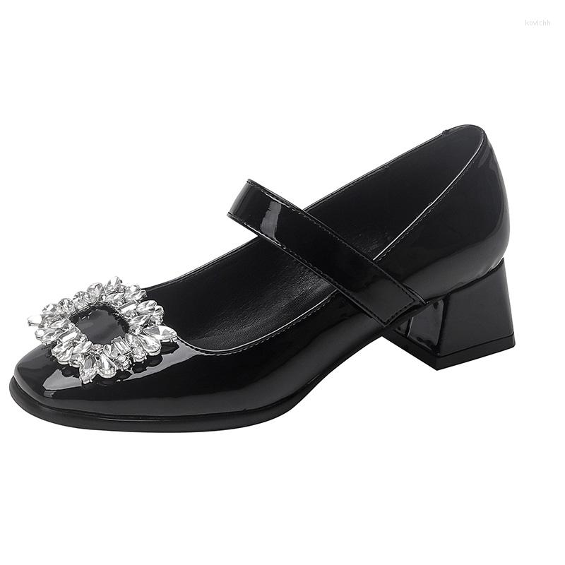 

Dress Shoes 2022 Women's Uniform Leather Soft Sole Rhinestone Mary Jane High Quality Chunky Heel Heels, Black