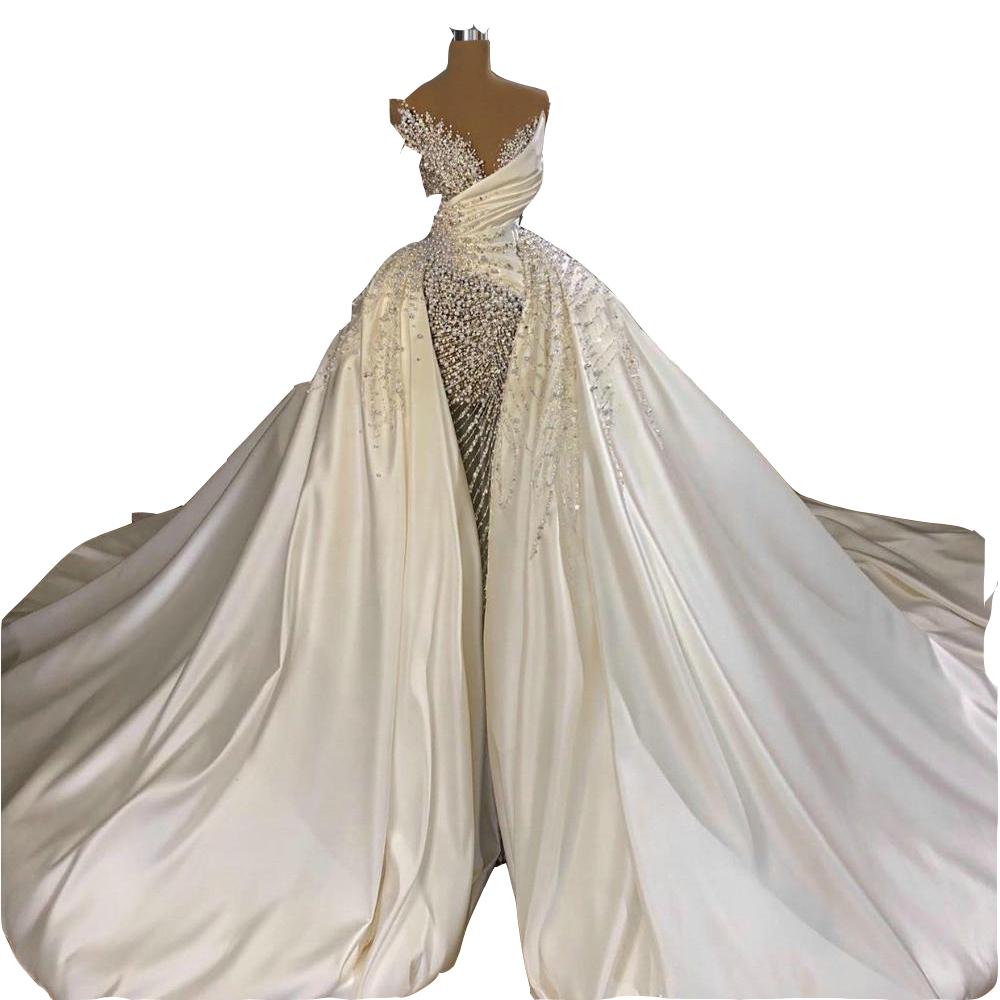 2023 Sexy Mermaid Wedding Dresses Illusion Neck Crystal Beads Pearls Overskirts Satin Beading Plus Size Custom Bridal Gowns Robe De Mariee