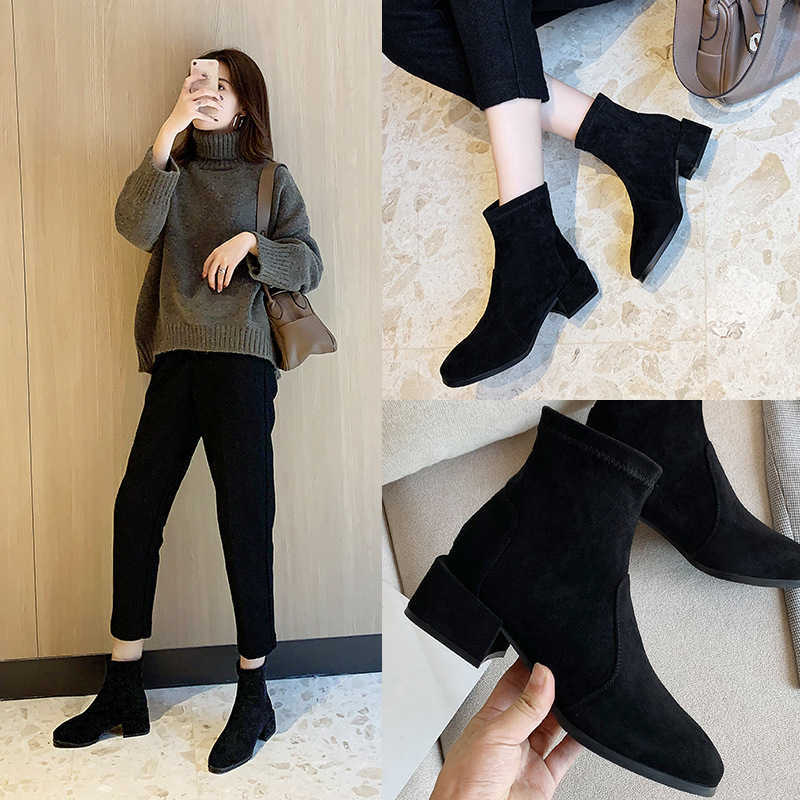 Boots for women shoes winter thick heel Martin Boots short women's middle new suede square head elastic thin, Black velvet
Boots for women shoes winter thick heel Martin Boots short women's middle new suede square head elastic thin, Black velvet