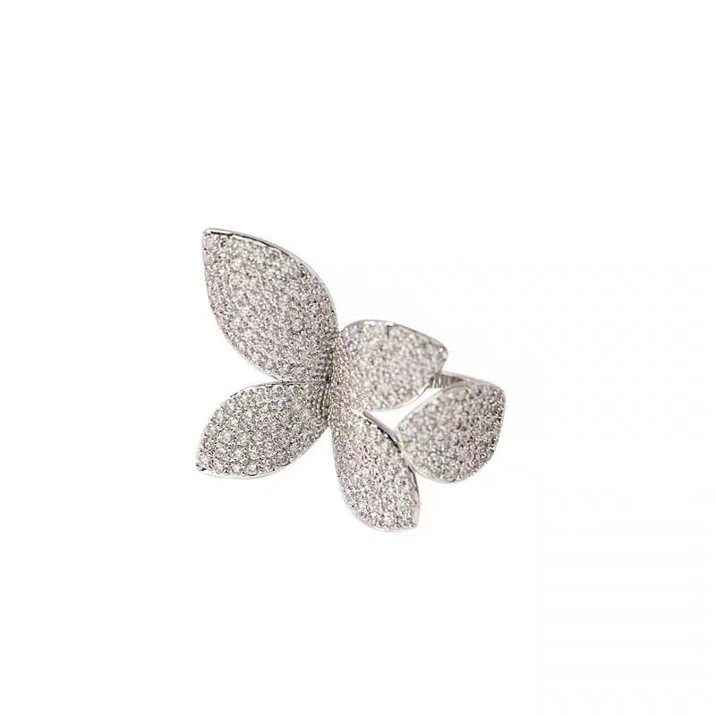 Big Silver Color Flower Leaf Adjustable Ring with Bling Diamond for Women Wedding Engeagement Fashion Jewelry 2022 Trend