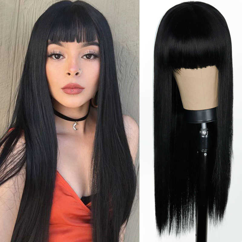 Hair Lace Wigs Korean Female Qi Bangs ffy Temperament Long Straight Hair s Wig Headgear, Black