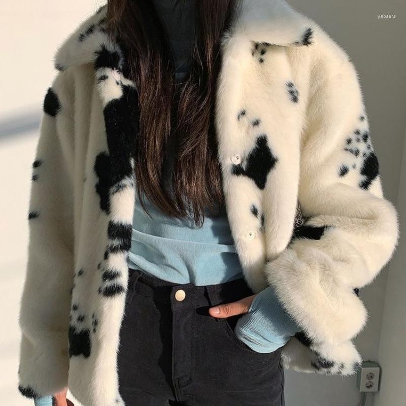 

Women' Fur Women Short Thick Black And White Spotted Plush Coats Korean Small Cow Pattern Imitation Mink Coat Female College Jackets, Cow white