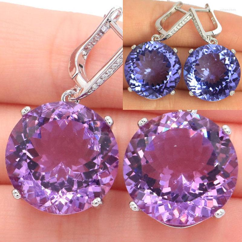 

Dangle Earrings 35x20mm SheCrown Big Round Jewelry Set Created Color Changing Alexandrite Topaz Dating Silver Pendant