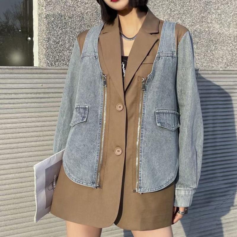 Women's Suits Casual Office Lady Denim Patchwork Suit Jacket Women's Fashion Color Contrast Fake Two-piece Trend 2022 Autumn, Black
Women's Suits Casual Office Lady Denim Patchwork Suit Jacket Women's Fashion Color Contrast Fake Two-piece Trend 2022 Autumn, Black